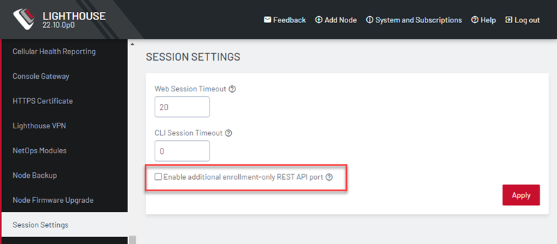 Image of the Lighthouse UI showing how to enable enrolment only REST API port